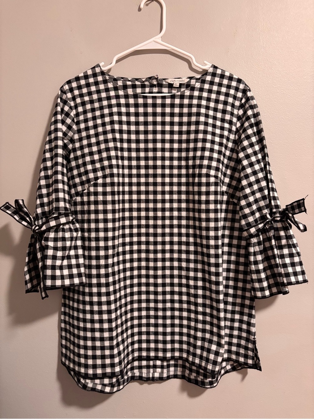 John Mark Black and White Gingham Tie-Sleeve Blouse
